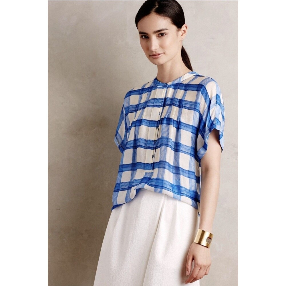 Maeve Anthropologie Lg Blue White Plaid Tierra Buttondown Top Shirt Blouse Silk